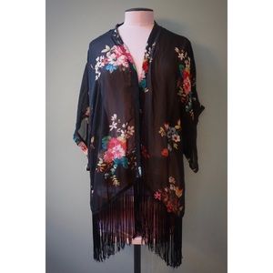 Xhilaration Black Fringe Floral Kimono / Duster